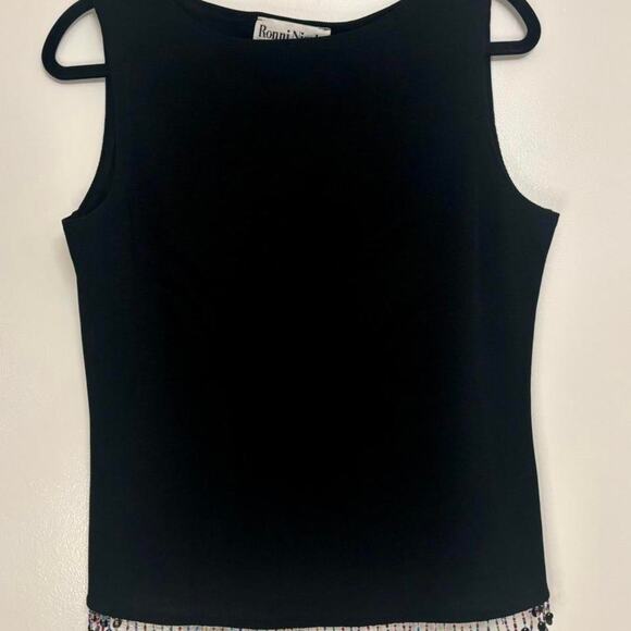 Vintage Y2K Ronni Nicole Black Tank Top Size L Beaded Hem Gypsy Fringe - Picture 1 of 5